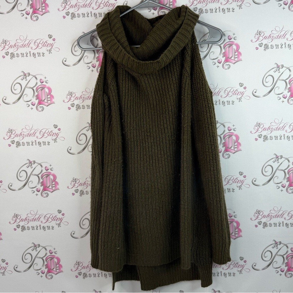 Revamped sweater knit cold shoulder Olive Green Cowl Neck Cold-Shoulder Sweater